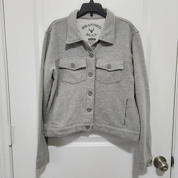 Branded Bull Women's L Gray Fleece Button Up Collared Trucker Jacket Soft Cozy - Picture 1 of 9